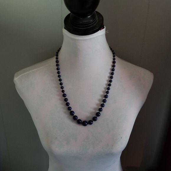 Vintage blue stone bead necklace gold tone Lapis Lazuli? Elegant boho - Picture 6 of 16